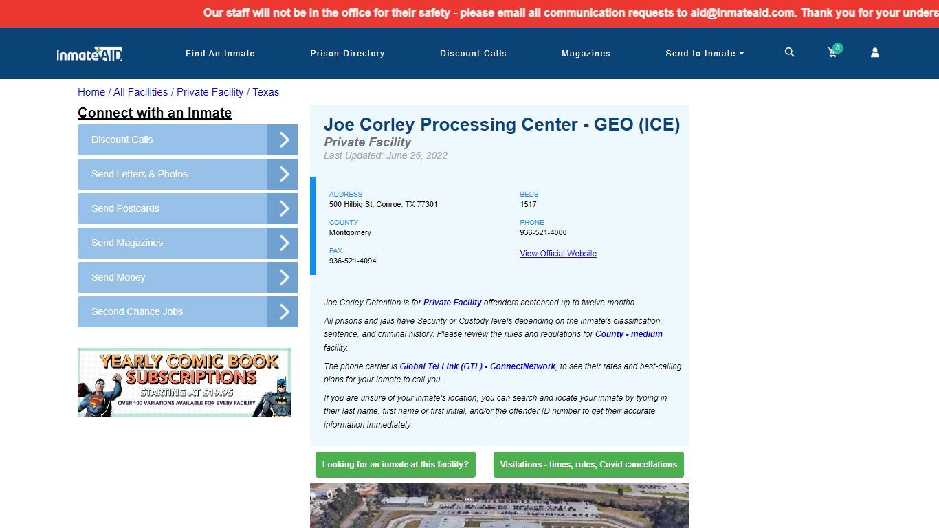 Joe Corley Processing Center - GEO (ICE) - Inmate Search - Conroe, TX